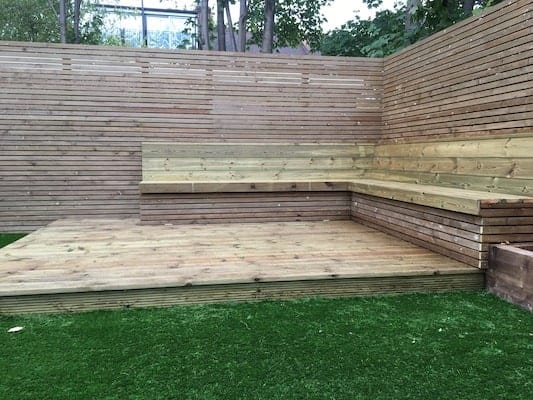 Soft wood decking slated trellis and seat