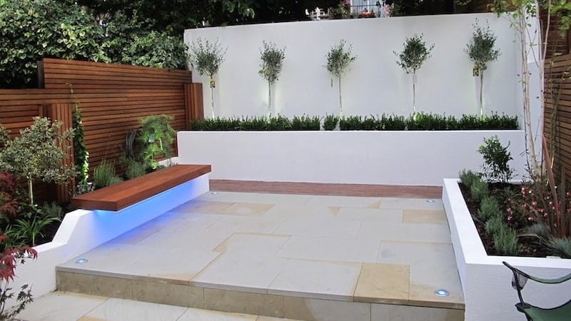 contemporary garden design ideas built in bench